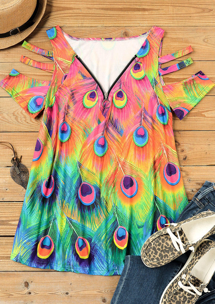 

Blouses Colorful Peacock Feather Zipper Cold Shoulder Blouse in Multicolor. Size