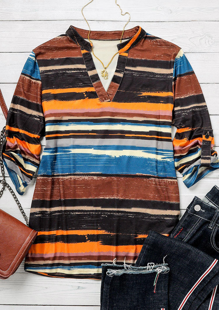 

Blouses Striped Water Color Notched Neck Blouse in Multicolor. Size: L,M,,XL