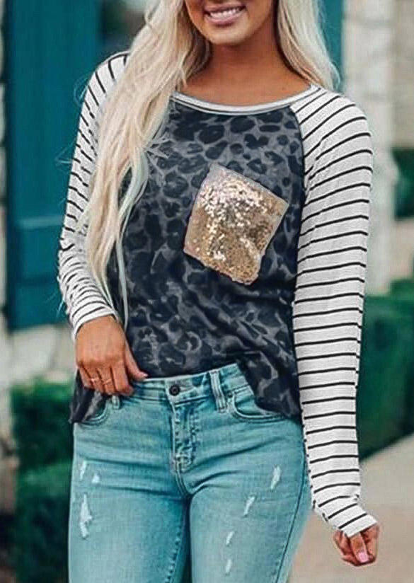 

T-shirts Tees Leopard Striped Sequined Pocket Long Sleeve T-Shirt Tee in Leopard. Size