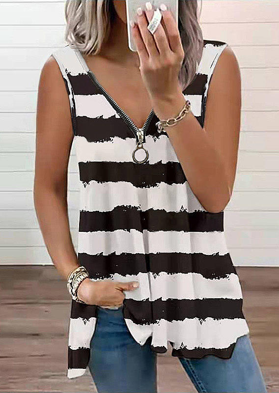 

Tank Tops Striped Zipper Sleeveless Tank Top in Stripe. Size