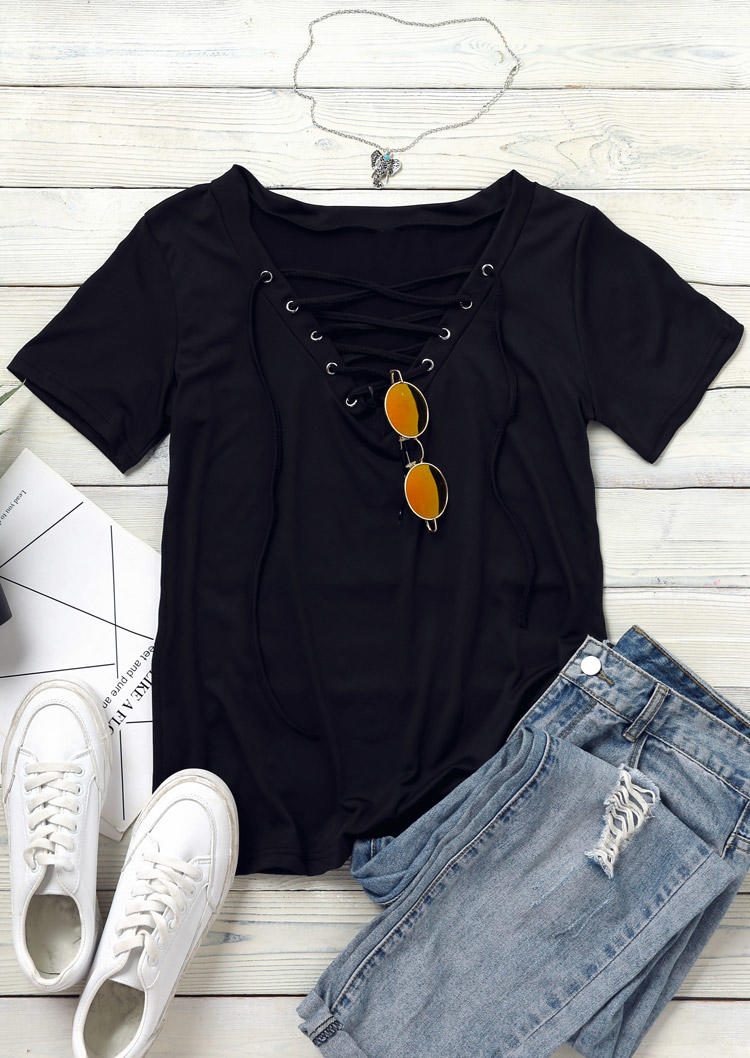 

Blouses Lace Up Short Sleeve V-Neck Blouse in Black. Size