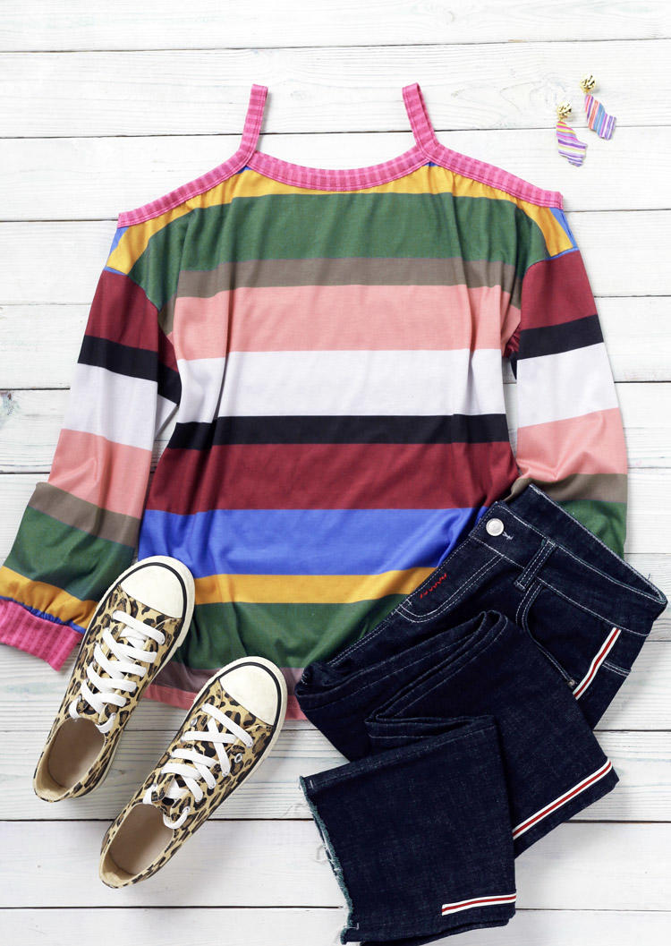 Blouses Color Block Striped Cold Shoulder Blouse in Multicolor. Size: L,M,S,XL