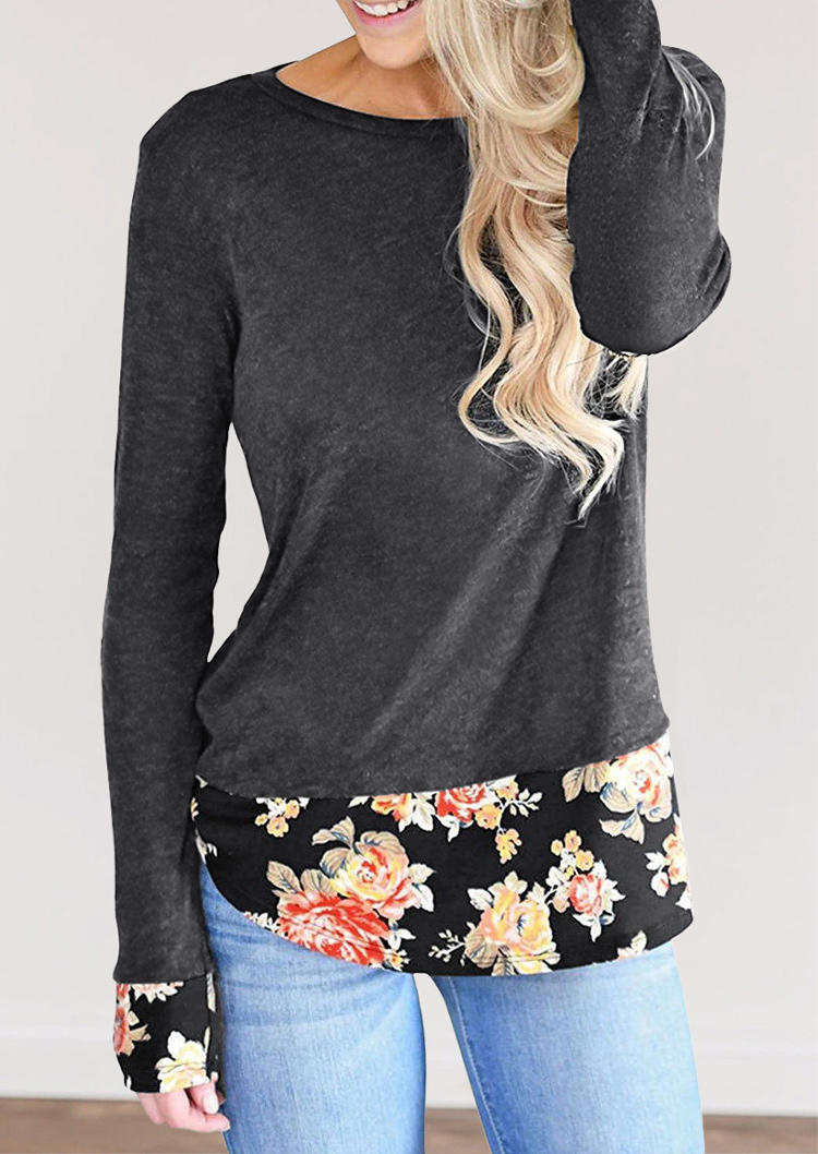 Blouses Floral Splicing Long Sleeve Blouse in Dark Grey. Size: S,M,L
