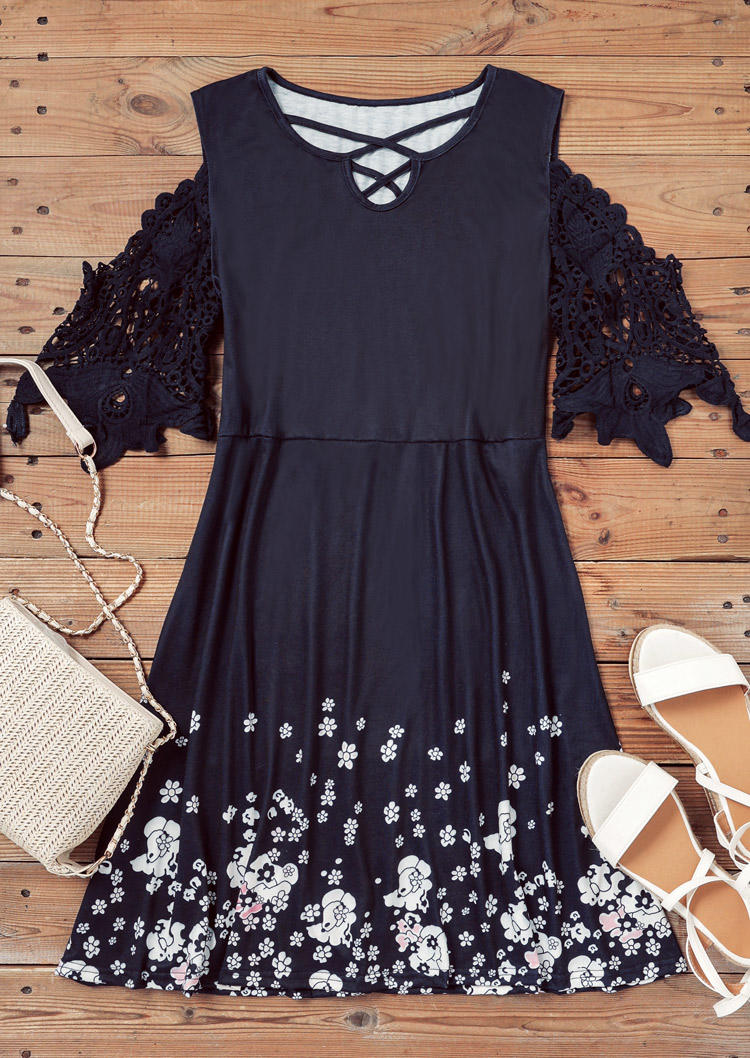 

Mini Dresses Floral Lace Criss-Cross Cold Shoulder Mini Dress in Navy Blue. Size