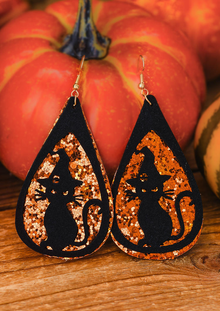 

Rings Halloween Glitter Pumpkin Cat Water Drop Earrings in Pattern1. Size