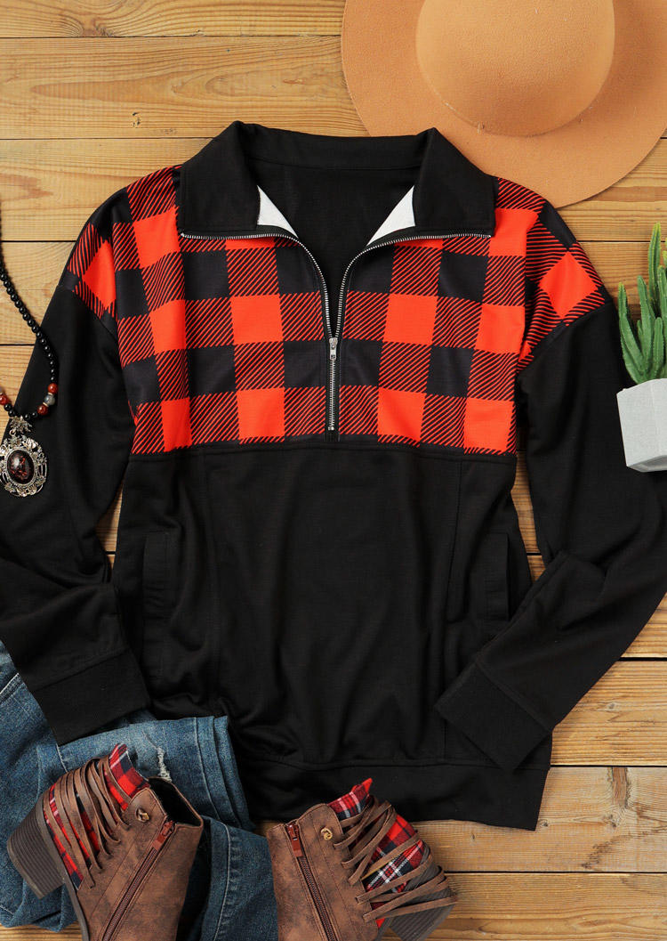 

Sweatshirts Plaid Zipper Pocket Turn-down Collar Sweatshirt in Black. Size