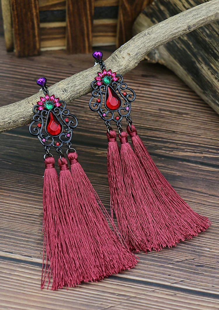 

Earrings Bohemian Floral Rhinestone Tassel Earrings in Plum. Size