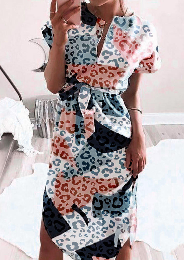 Midi Dresses Leopard Geometric Short Sleeve Midi Dress in Multicolor. Size: S,M,L