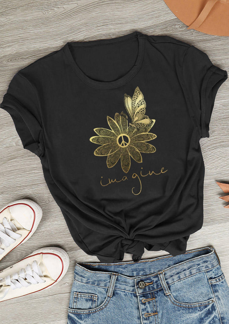 

T-shirts Tees Floral Butterfly Gold Peace Sign Graphic T-Shirt Tee in Black. Size: ,M,L,XL