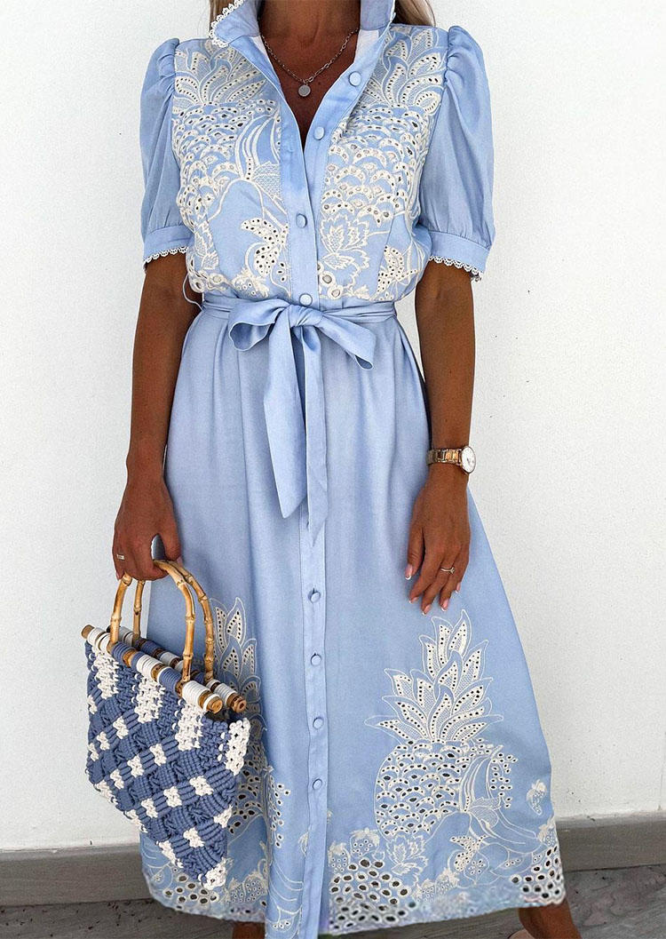 

Maxi Dresses Pineapple Button Tunic Maxi Dress in Light Blue. Size: ,M,L,XL