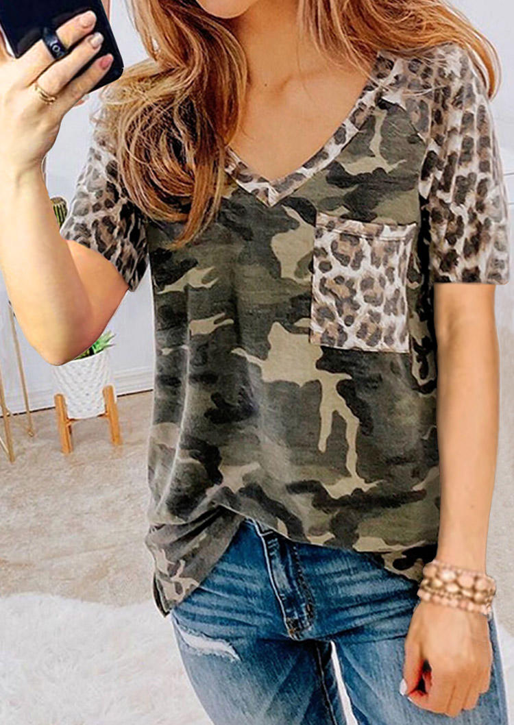 Blouses Camouflage Leopard Pocket V-Neck Blouse - Army Green in Green. Size: M