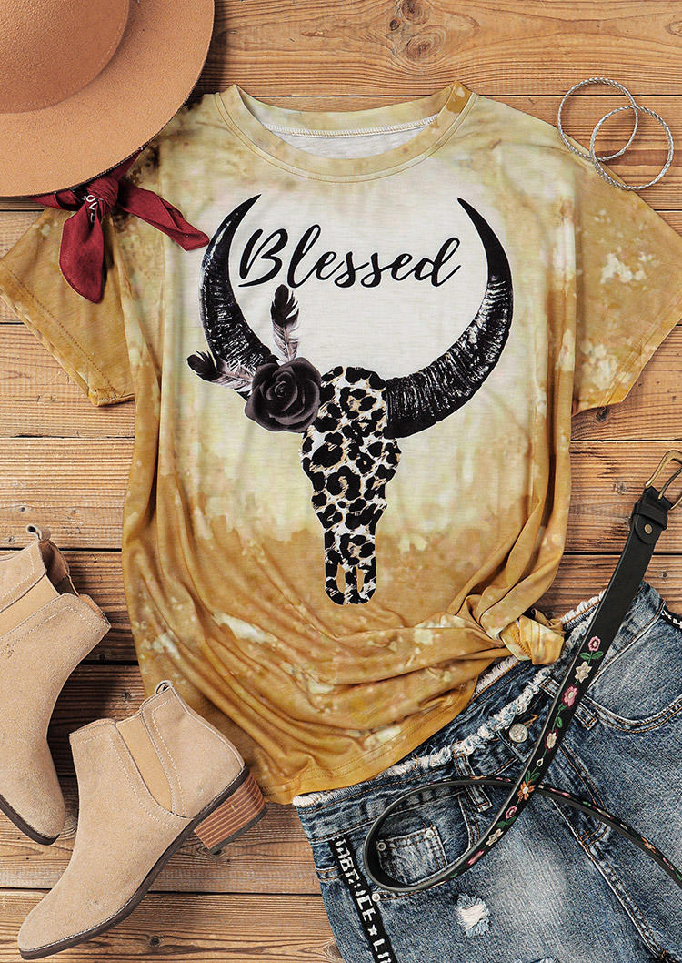 T-shirts Tees Blessed Leopard Steer Skull Feather Bleached T-Shirt Tee in Yellow. Size: M,XL