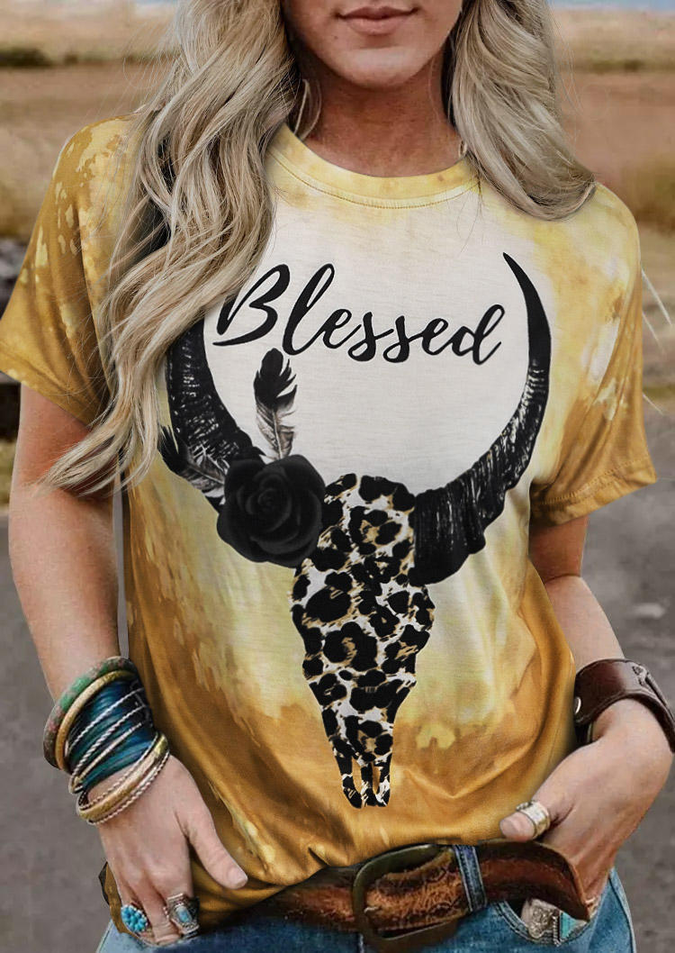Blessed Leopard Steer Skull Feather Bleached T-Shirt Tee - Yellow