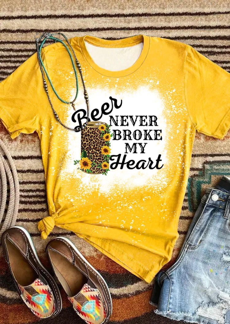 T-shirts Tees Leopard Sunflower Beer Never Broke My Heart T-Shirt Tee in Yellow. Size: M,L