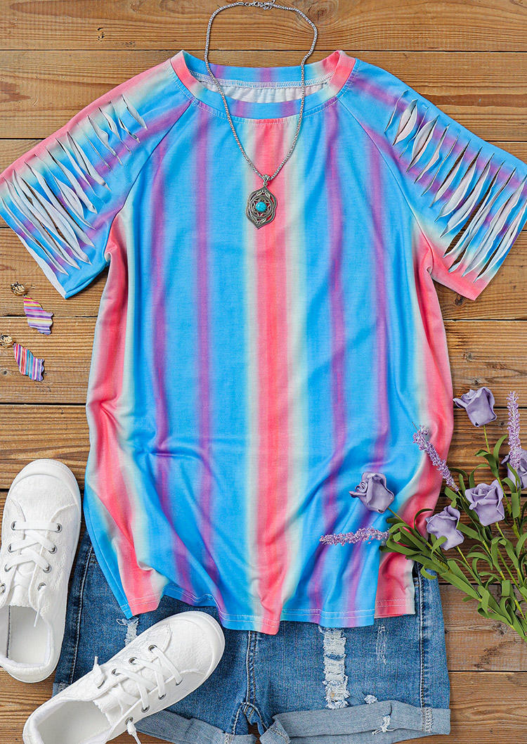 

Blouses Gradient Hollow Out O-Neck Blouse in Multicolor. Size
