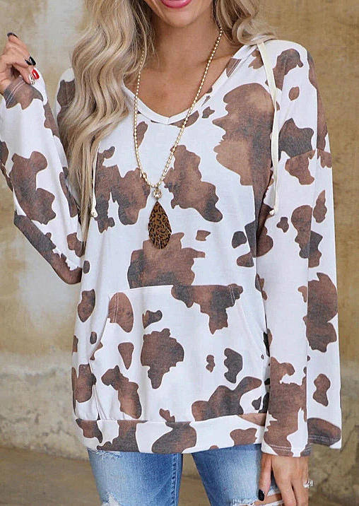 

Blouses Cow Kangaroo Pocket Long Sleeve Blouse in Multicolor. Size