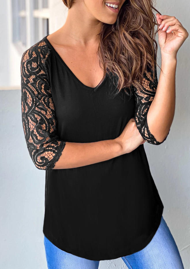 Blouses Lace Hollow Out V-Neck Blouse in Black. Size: S