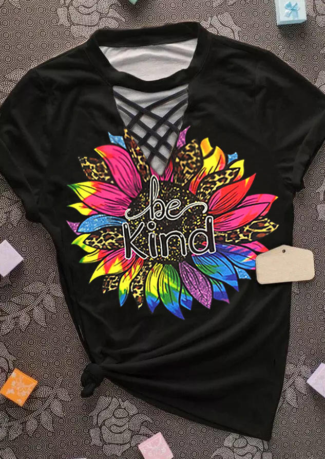 

T-shirts Tees Be Kind Leopard Colorful Sunflower T-Shirt Tee in Black. Size: ,M,L