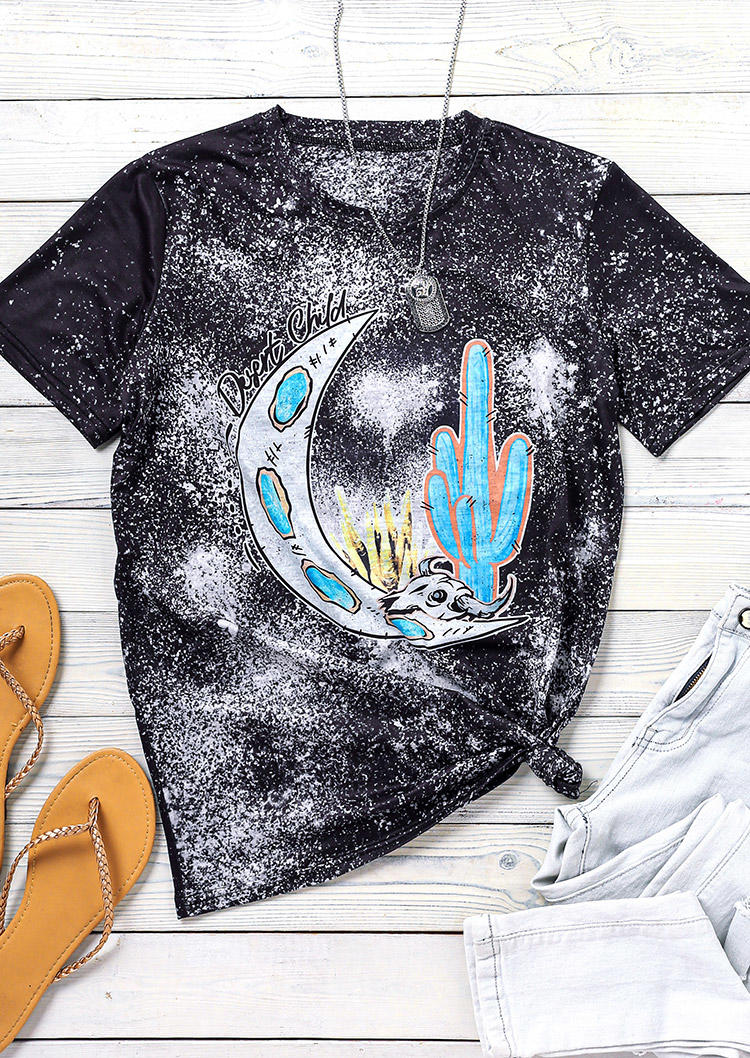 T-shirts Tees Desert Child Cactus Moon Bleached T-Shirt Tee in Black. Size: M,L