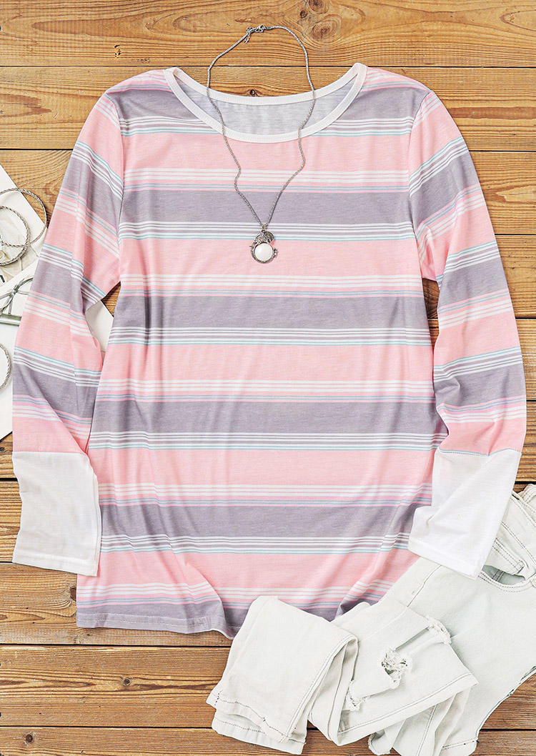 

Blouses Colorful Striped Long Sleeve T-Shirt Tee in Pink. Size