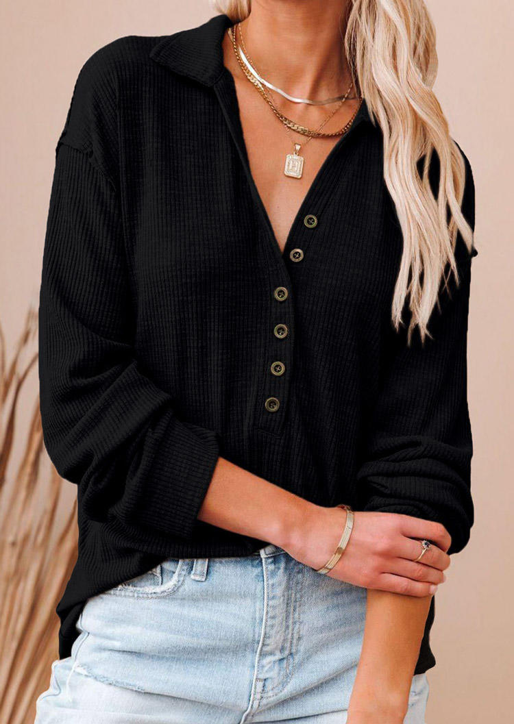 

Blouses Button Long Sleeve V-Neck Blouse in Black. Size