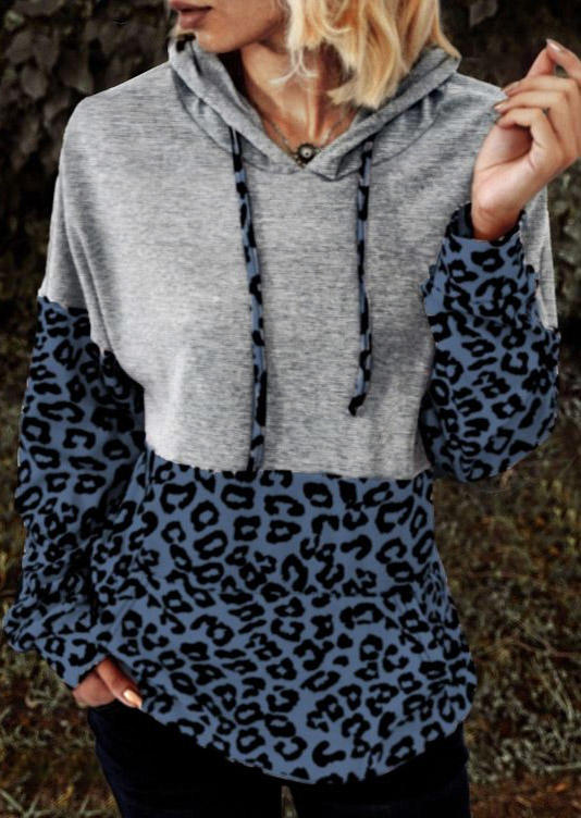 Color Block Leopard Drawstring Kangaroo Pocket Hoodie - Gray