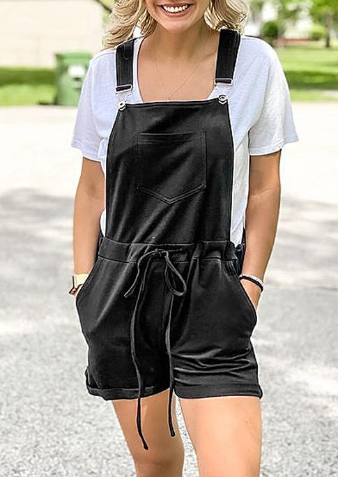 

Jumpsuits & Rompers Pocket Drawstring Sleevess Overall Romper in Black. Size: ,M,L,XL