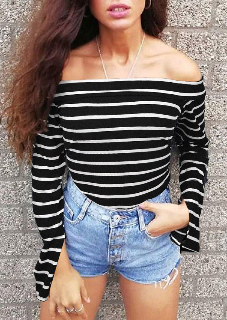 Striped Off Shoulder Slit Long Sleeve Blouse