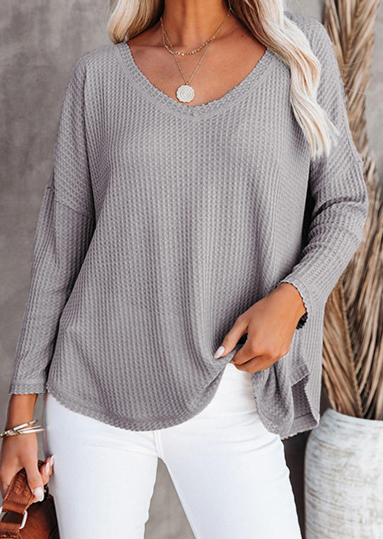 

Blouses Waffle Drop-Shoulder Long Sleeve Blouse in Gray. Size