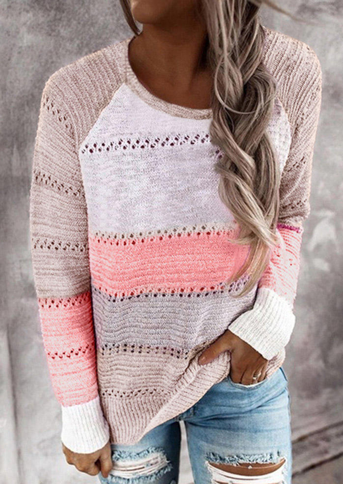 

Sweaters Hollow Out Color Block Sweater in Pink. Size