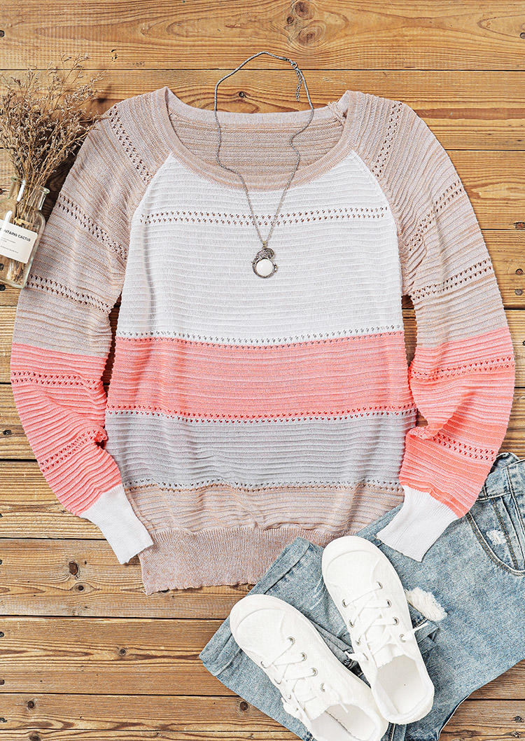 Hollow Out Color Block Sweater - Pink