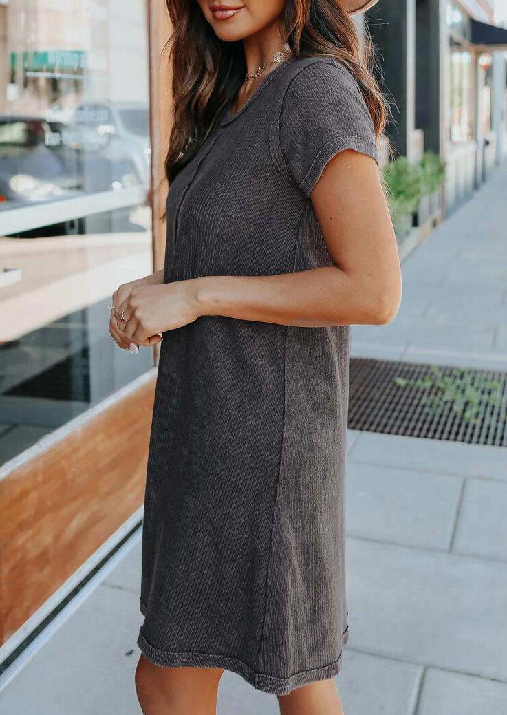 Mini Dresses Short Sleeve O-Neck Casual Mini Dress in Gray. Size: L,M,S,XL