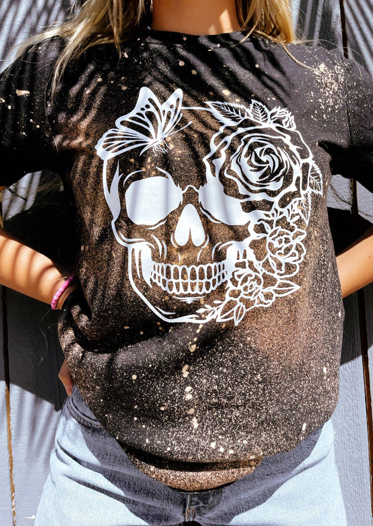 

T-shirts Tees Halloween Skull Floral Bleached T-Shirt Tee - Dark Coffee in Brown. Size: L,S