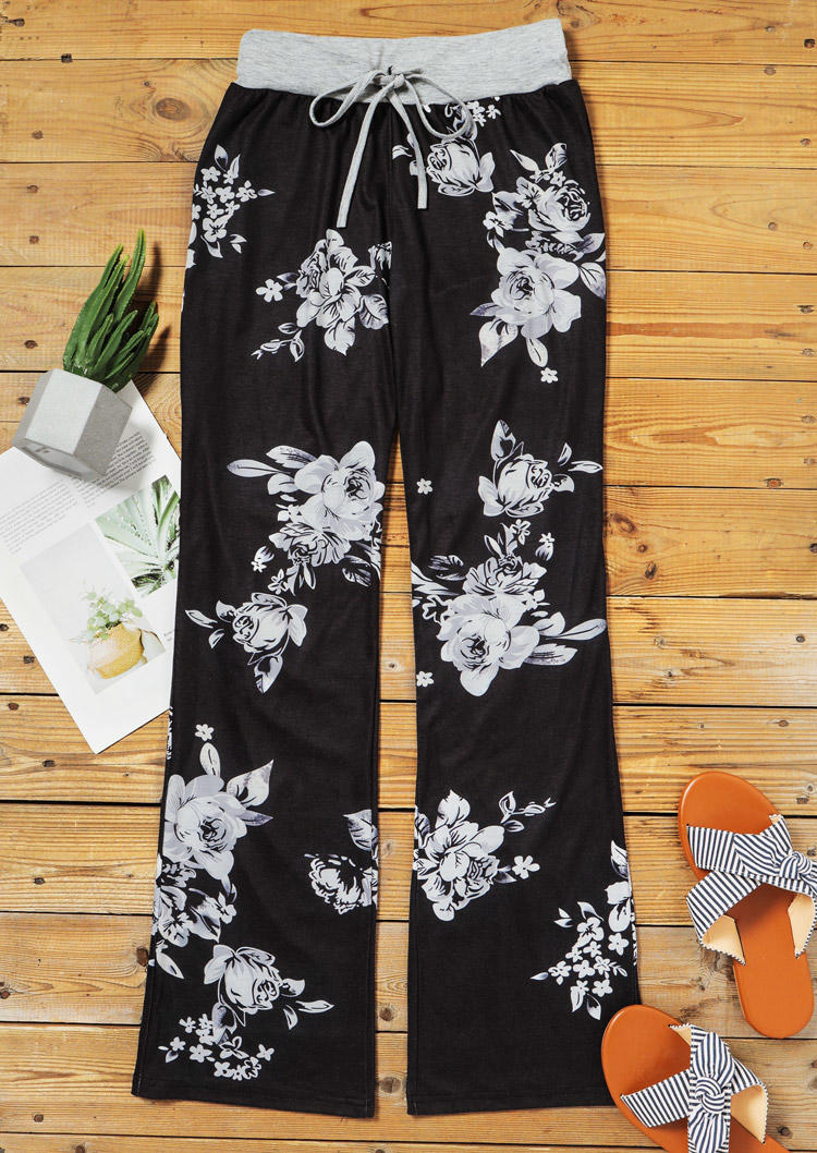 Pants Floral Drawstring Wide Leg Pants in Black. Size: XL