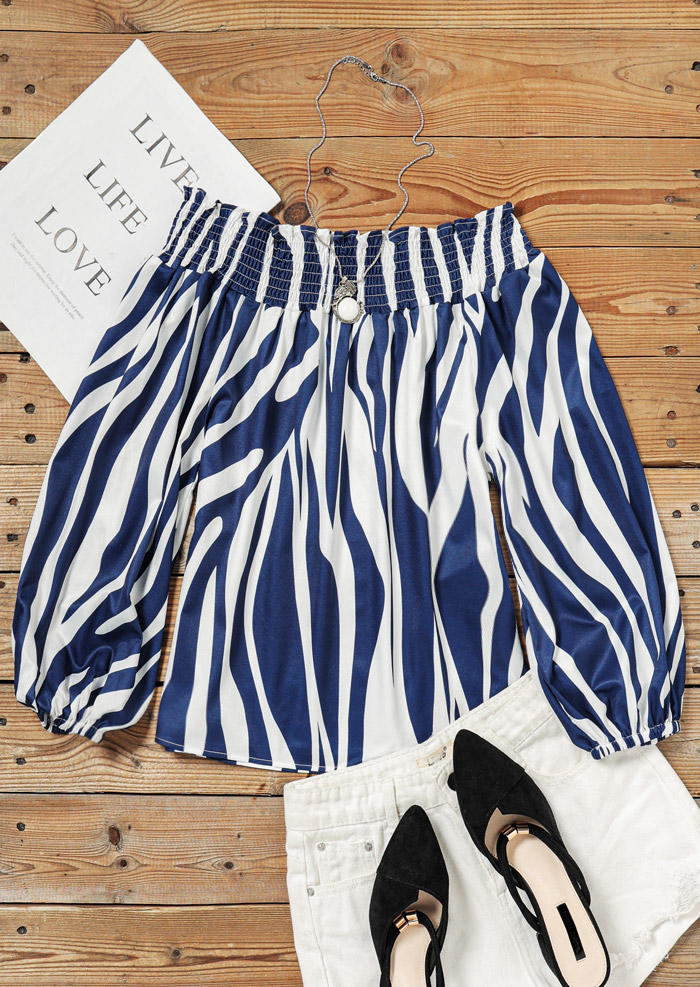 

Blouses Striped Elastic Cuff Long Sleeve Off Shoulder Blouse in Blue. Size