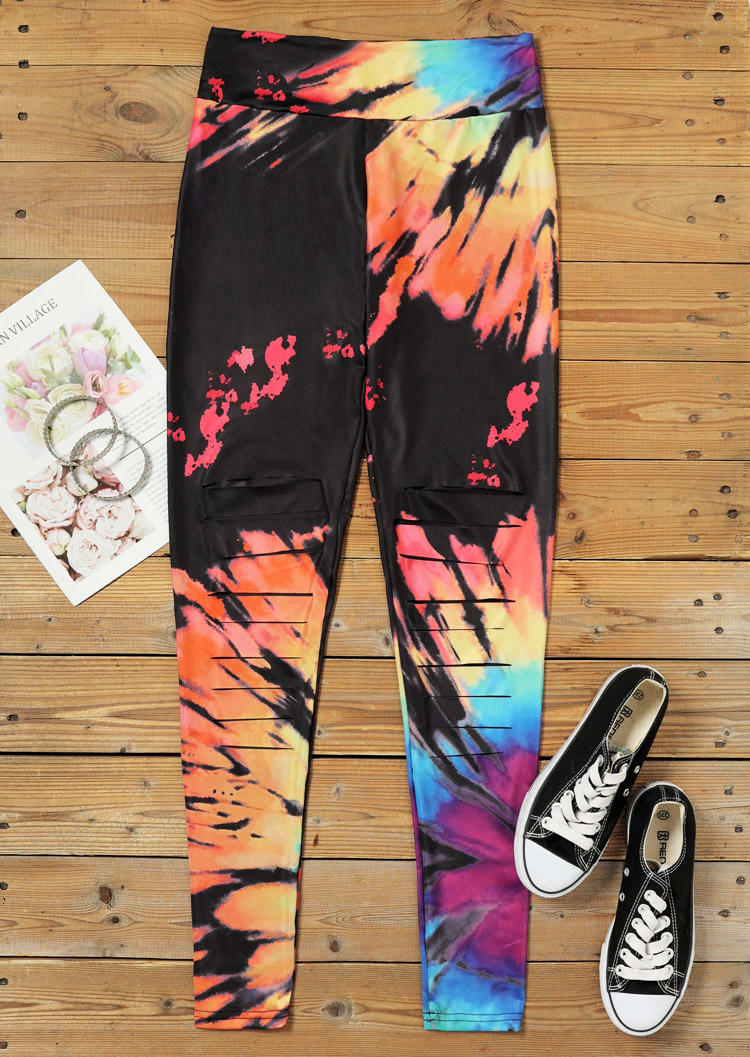 

Leggings Reverse Tie Dye Rainbow Hollow Out High Waist Leggings in Multicolor. Size
