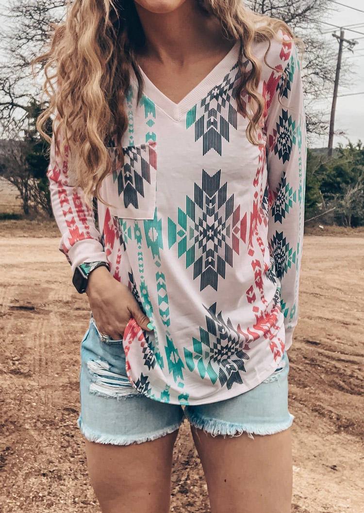 

Blouses Aztec Geometric Pocket V-Neck Blouse in Multicolor. Size: ,L,XL