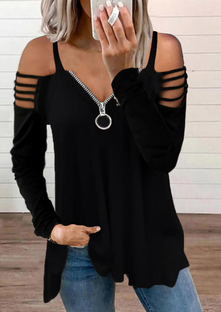 

Blouses Zipper Hollow Out Cold Shoulder Blouse in Black. Size