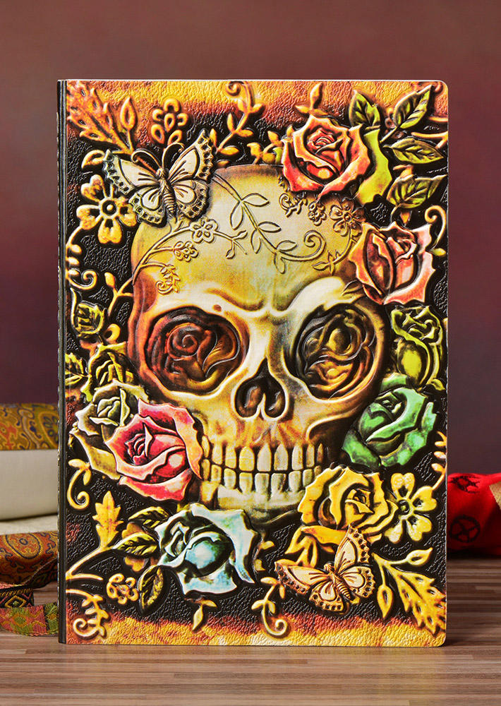 

Vintage Skull Embossed Leather Travel Journal Notebook in Multicolor,Brown,Silver. Size