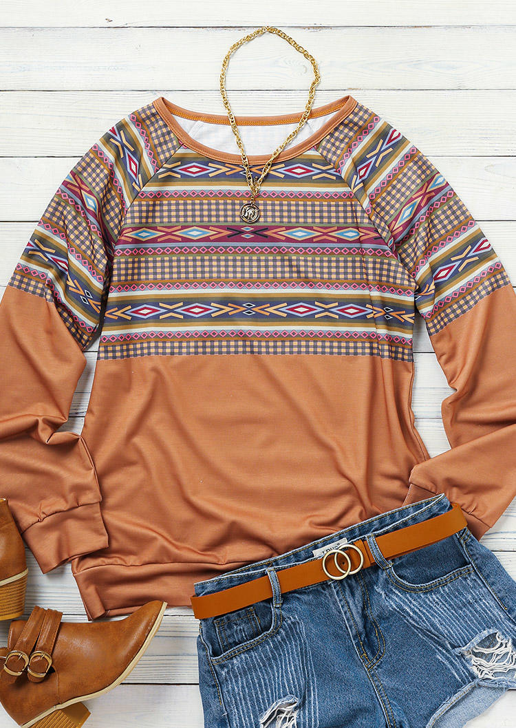 Sweatshirts Aztec Geometric Plaid Splicing Long Sleeve Sweatshirt in Brown. Size: S,L,XL