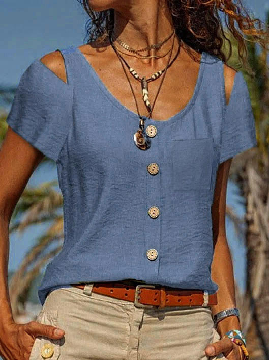 

Blouses Pocket Button Cold Shoulder Casual Blouse in Blue. Size