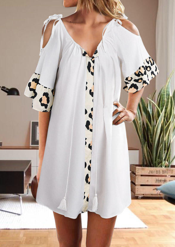

Mini Dresses Leopard Tassel Drawstring Cold Shoulder Mini Dress in White. Size