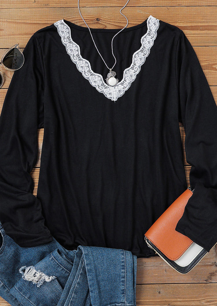 

Blouses Lace Splicing Long Sleeve Casual Blouse in Black. Size