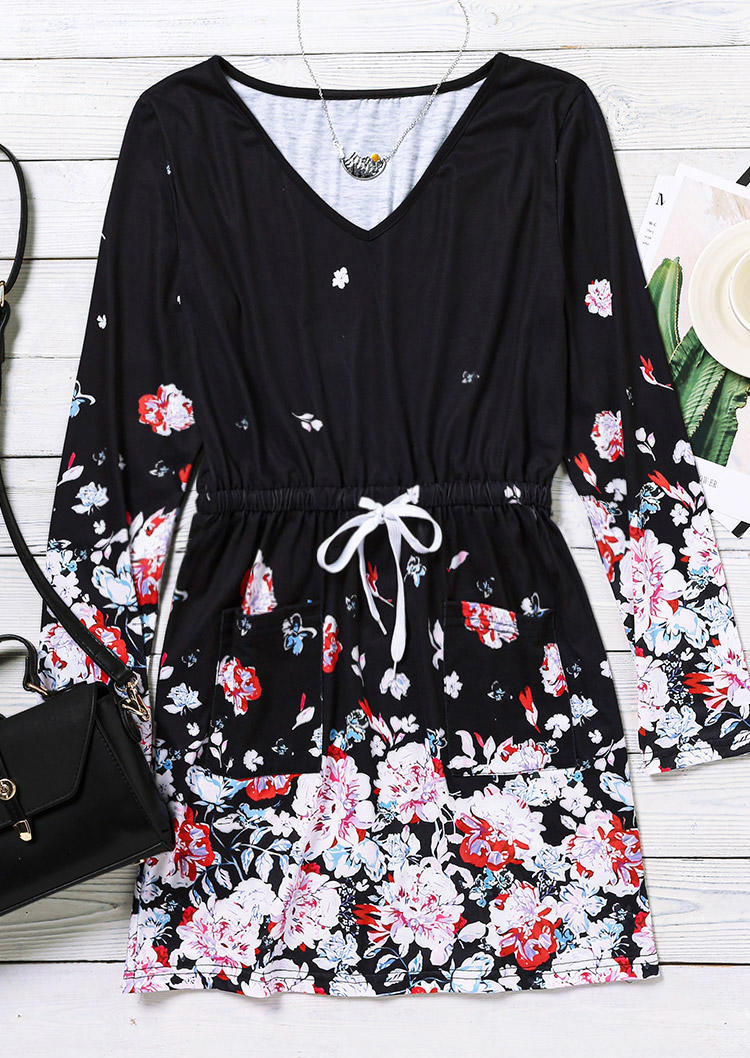 Floral Drawstring Long Sleeve Mini Dress - Black