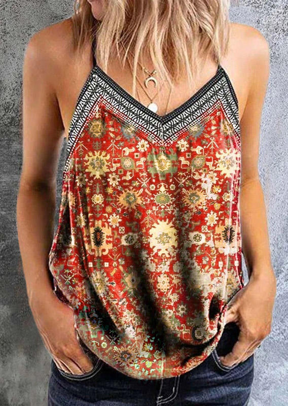 

Tank Tops Vintage Ethnic Style V-Neck Camisole in Multicolor. Size