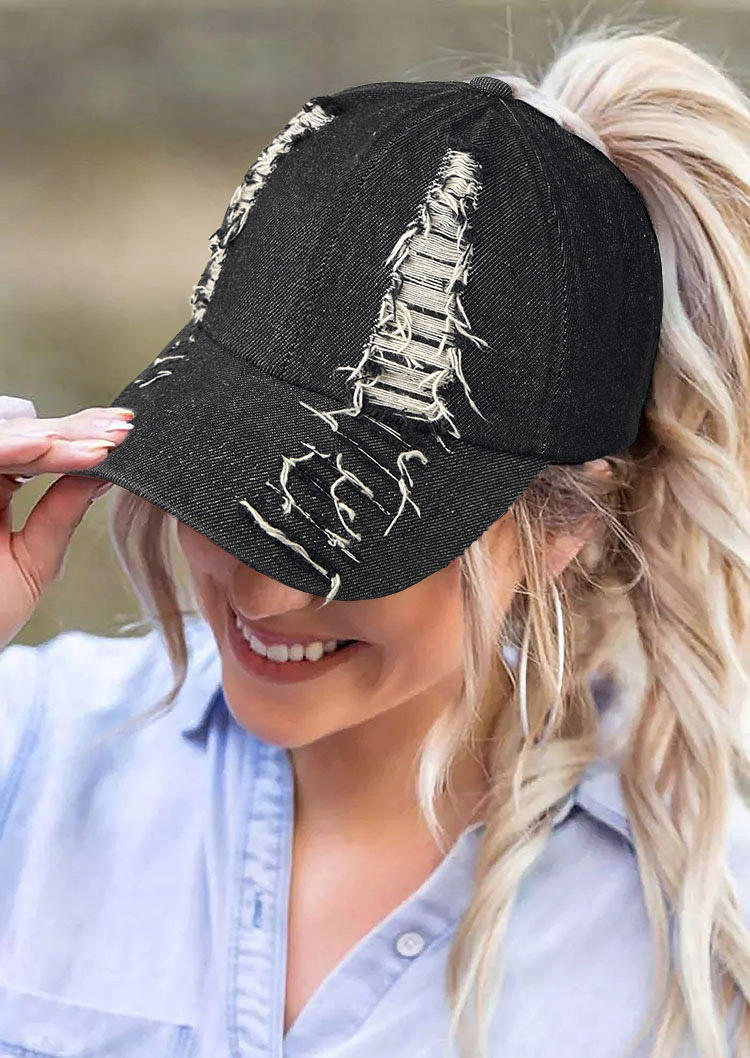 

Hats Ripped Hole Hollow Out Ponytail Baseball Cap in Black. Size