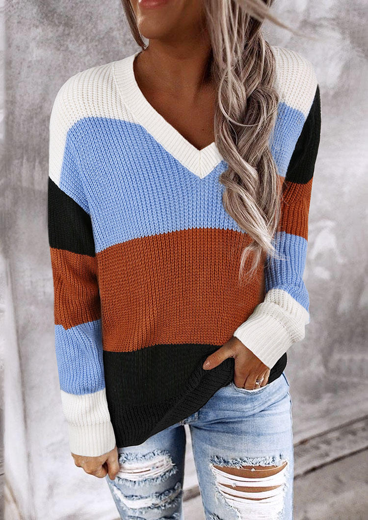 Sweaters Color Block Long Sleeve V-Neck Sweater in Multicolor. Size: L,M,S