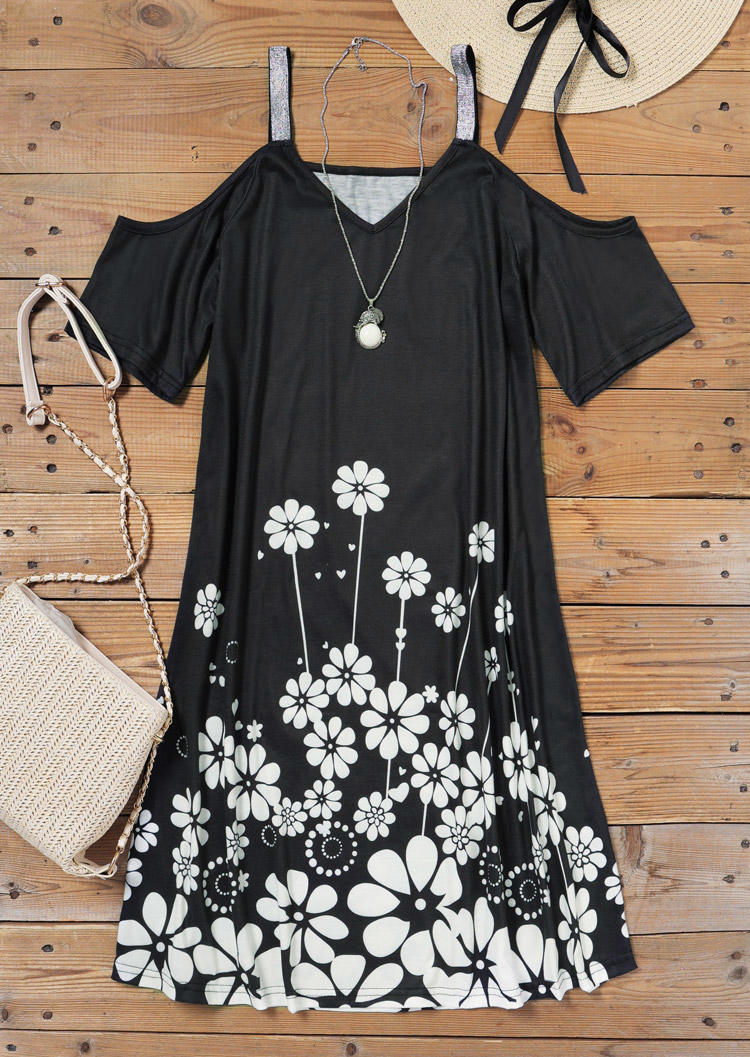 

Mini Dresses Floral Cold Shoulder Short Sleeve Mini Dress in Black. Size: ,L