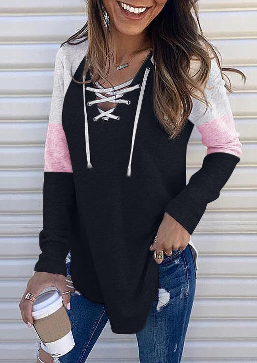 Sweatshirts Lace Up Color Block V-Neck Sweatshirt in Black. Size: L,XL