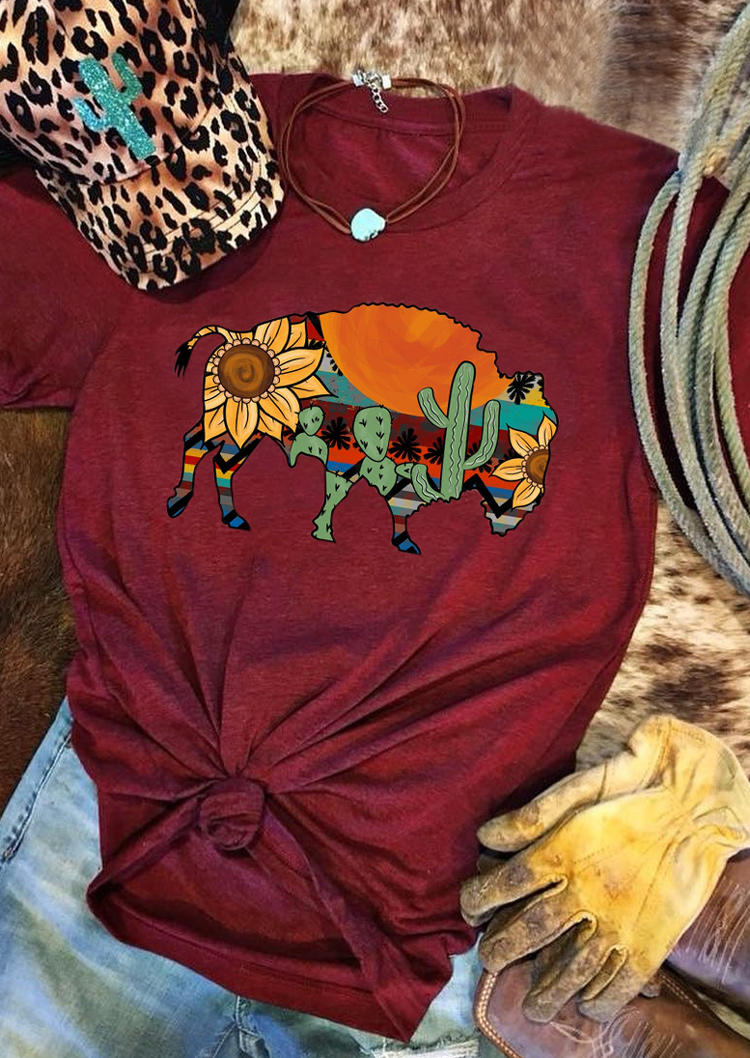 

T-shirts Tees Buffalo Serape Striped Cactus Sunflower T-Shirt Tee in Burgundy. Size